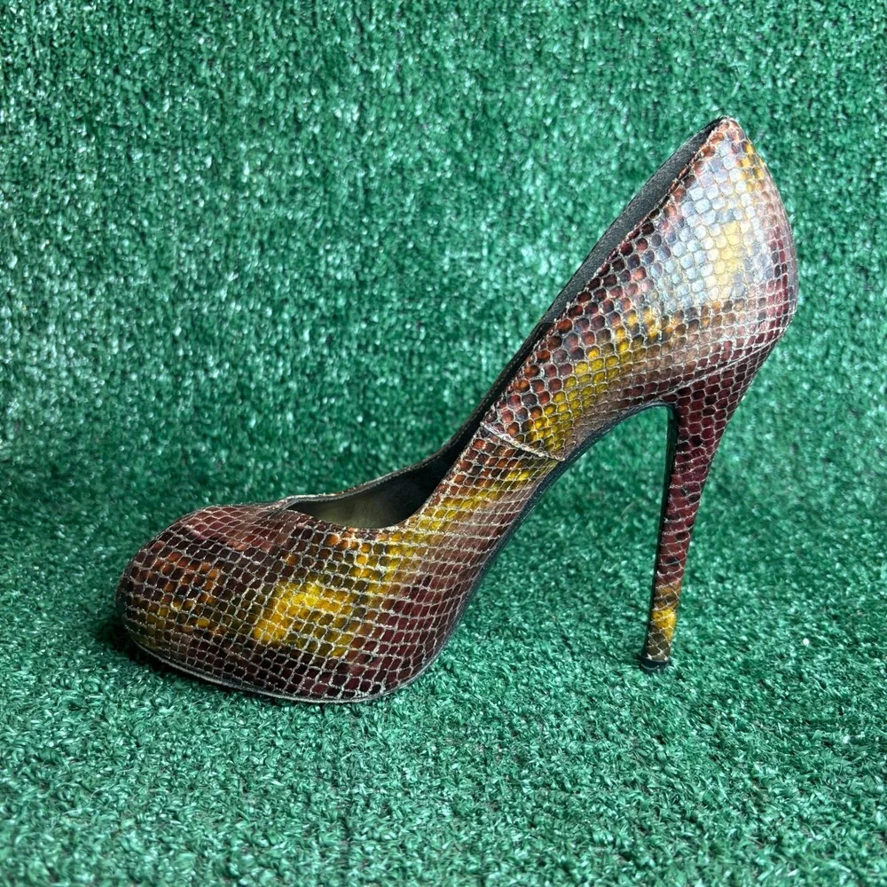 Stuart Weitzman Victoria Python Peep Toe Pumps Stiletto Heel Brown Women Sz 7.5M